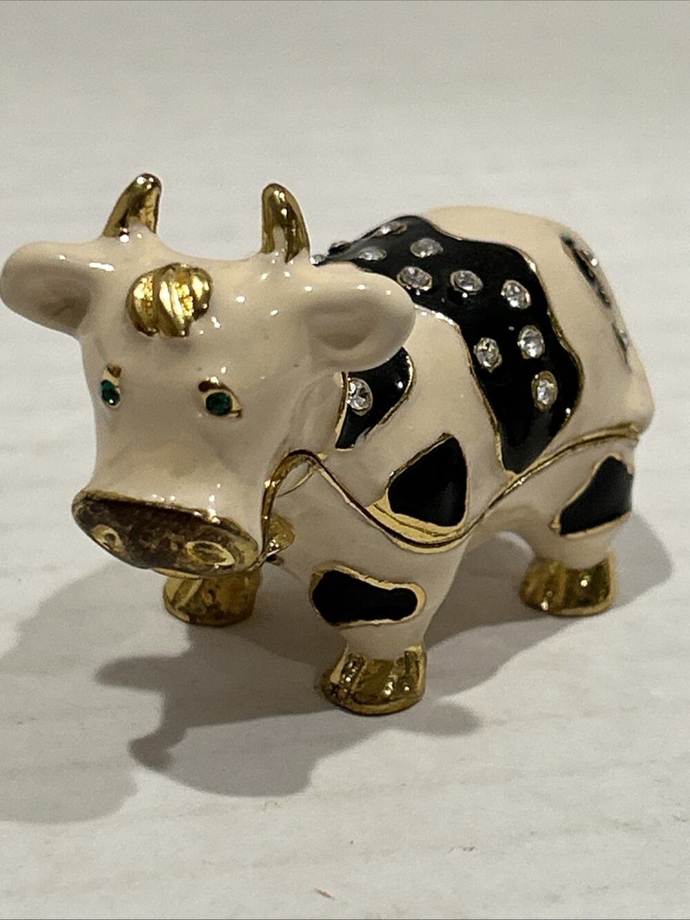 Enamel Cow Hinged Trinket Box Green Eyes Studded Rhinestones Magnetic Closure